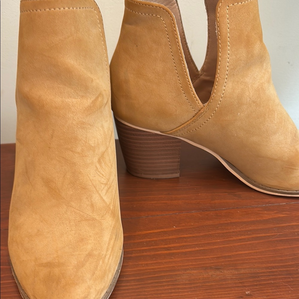 Tan Suede Ankle Booties with Stacked Heel
